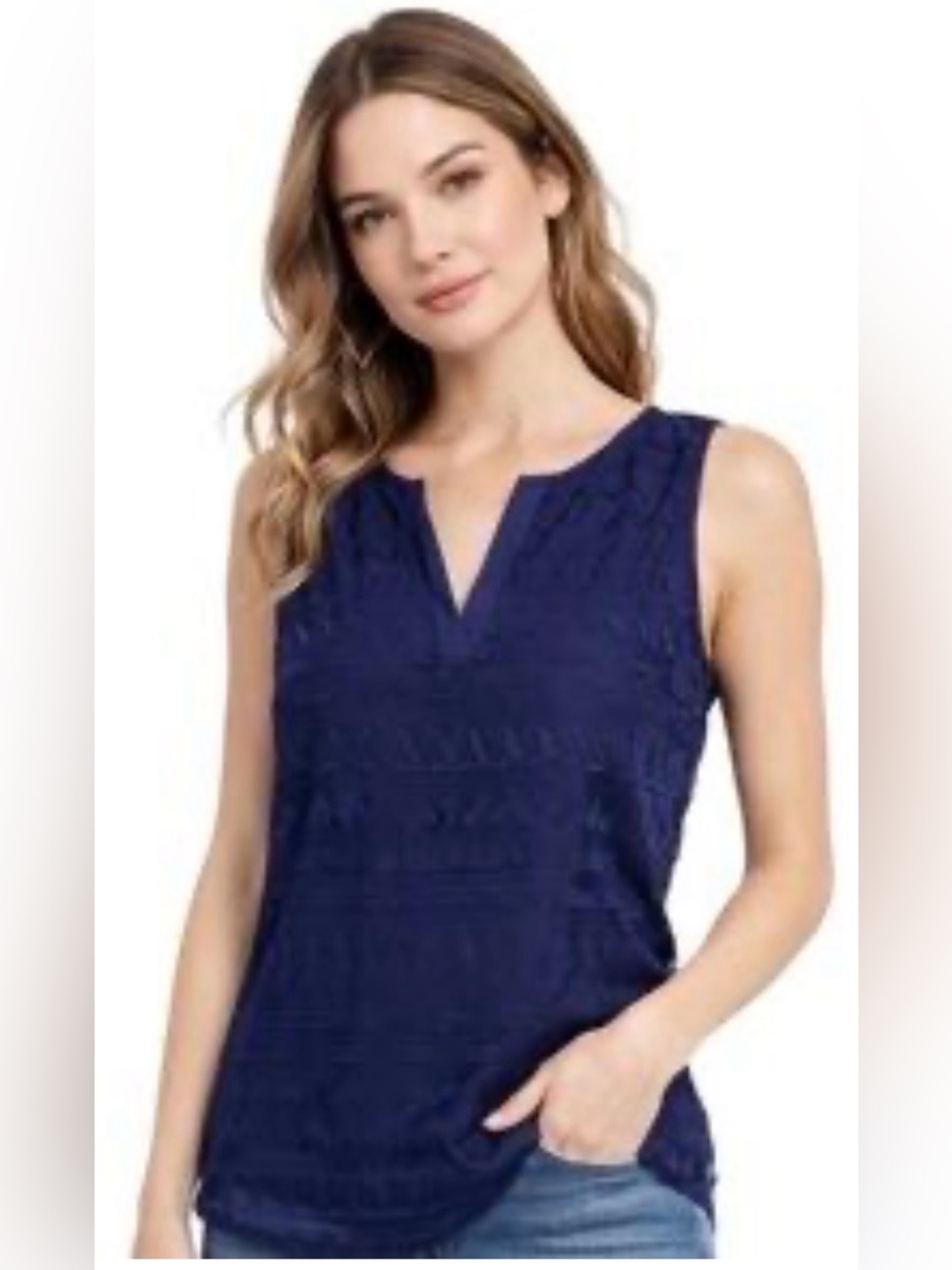 NWT Market Spruce Sleeveless Navy Textured V-Neck Women's Top